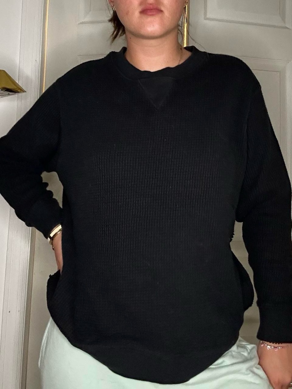 aerie Black Waffle Knit Crewneck Sweater